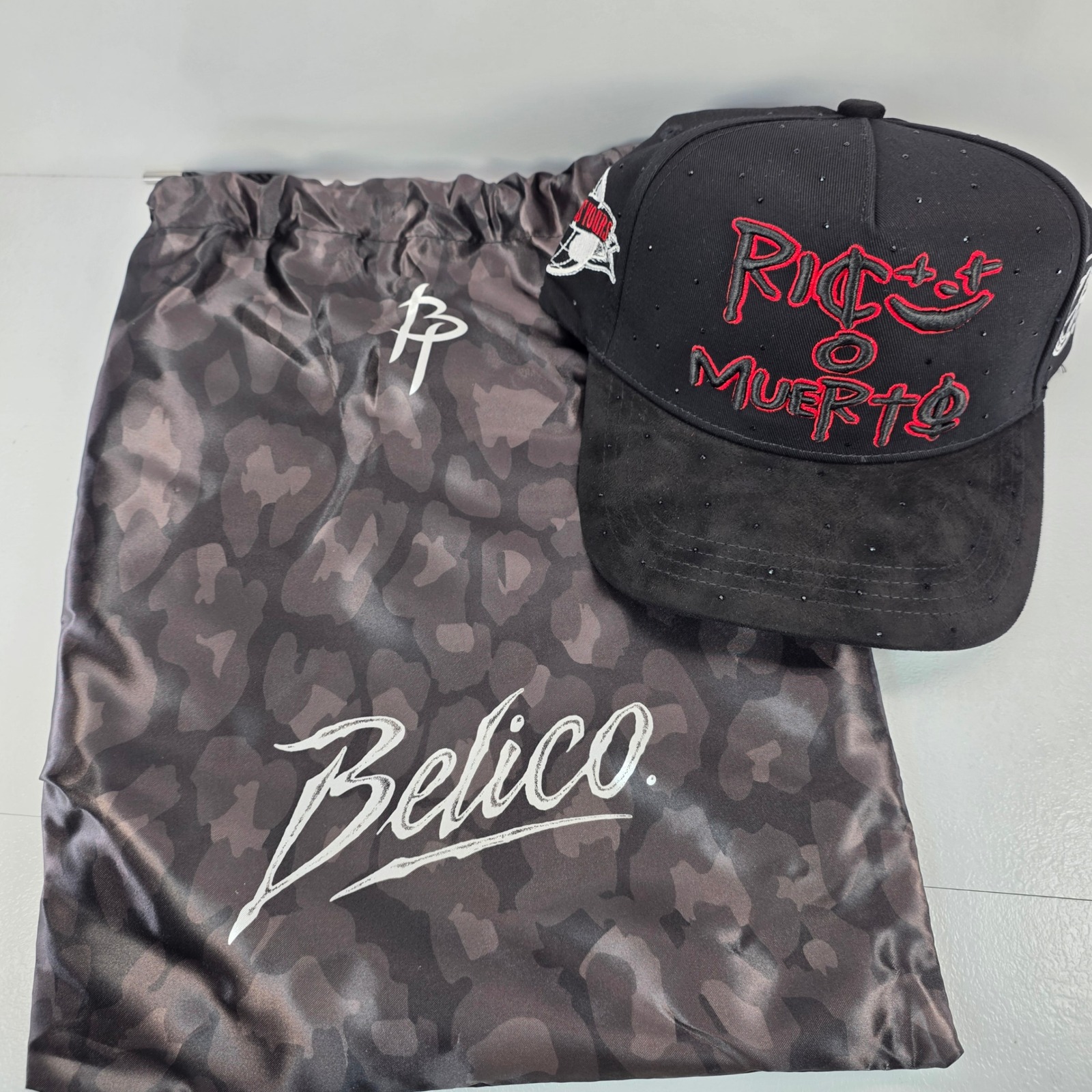 Belico Hats Rico Muerto Black Red Rhinestone Snapback Hat With Dust Bag